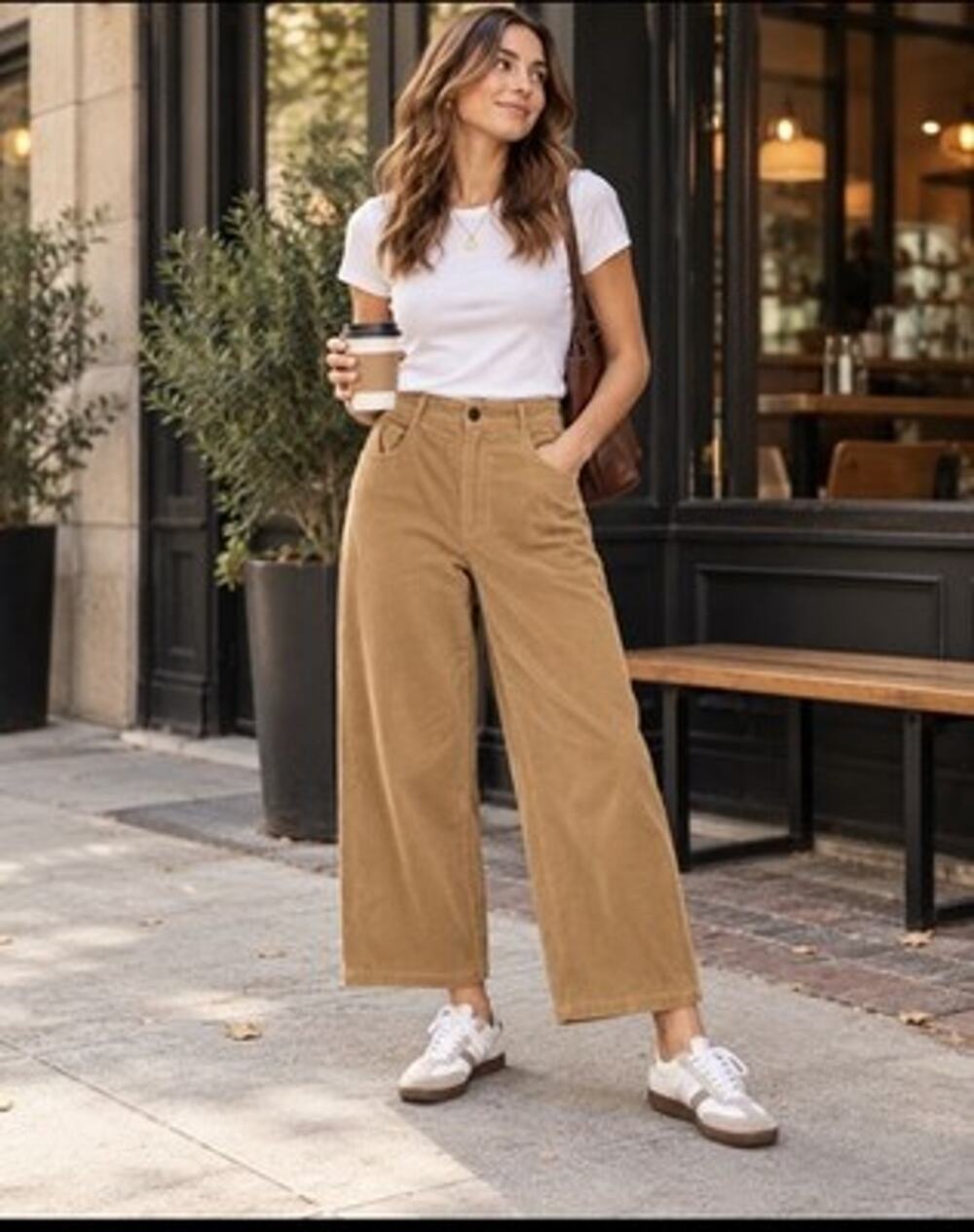 Zara Corduroy Pants Women Sz M Camel Wide Leg Mid Rise Cotton Blend Pockets